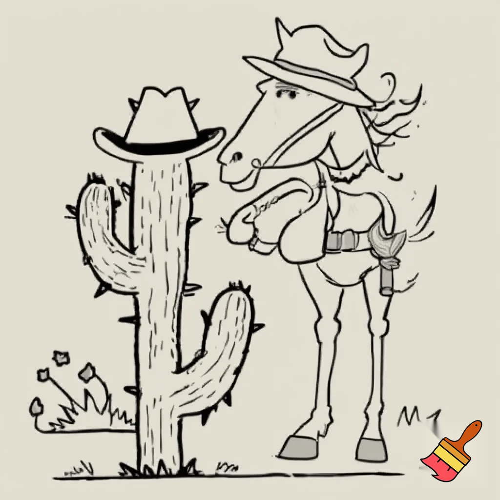 draw a western scene with cactus a horse with cowboy   give a vintage appearance.