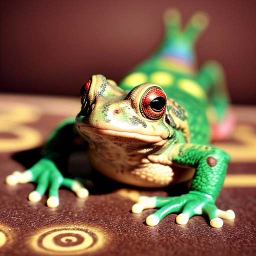 A hillarious, funny boho toad with some hippie colored coffee cups. Psychedelic decorated background, hyperrealistic. Close-up view.