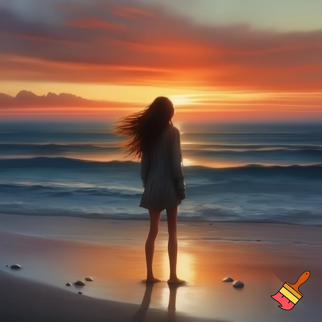 Lonely tall girl with brown hair watching the sun set on the beach alone