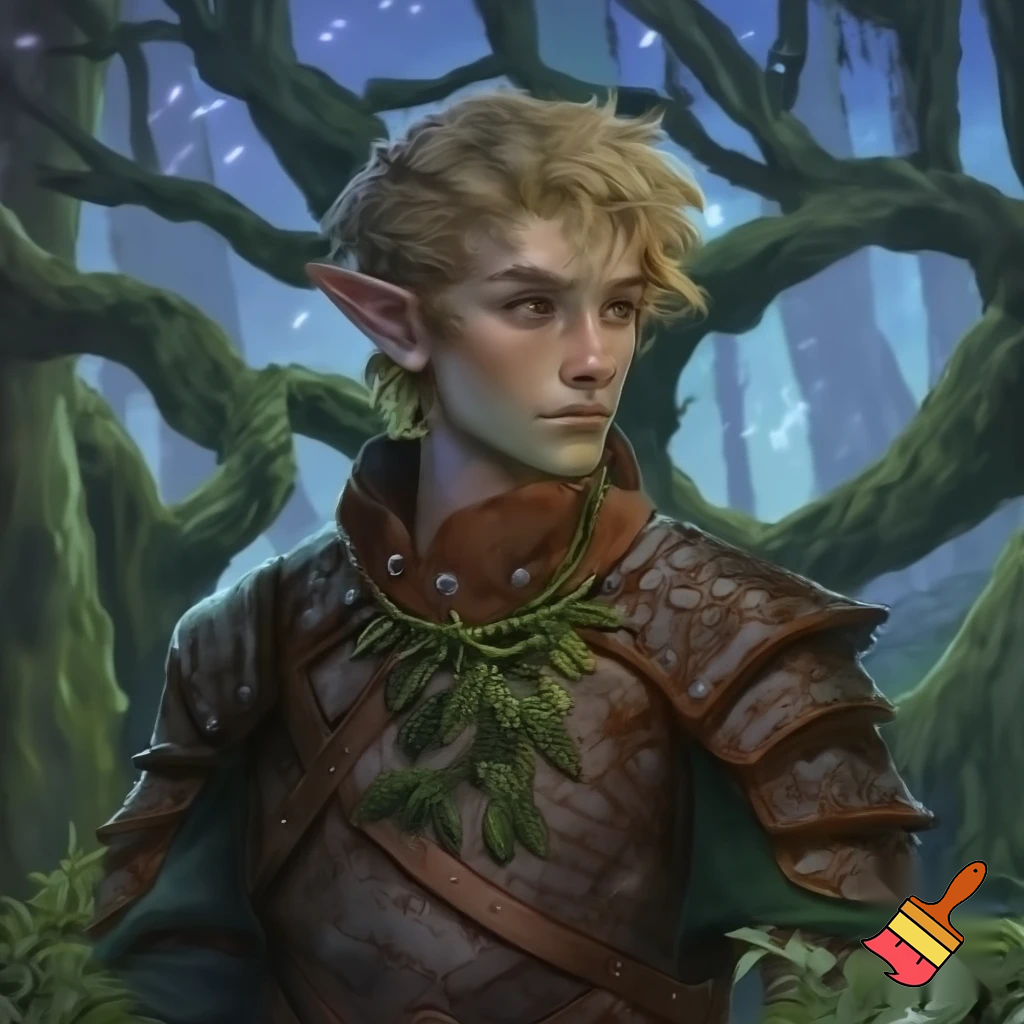 younger male wood elf circle of the stars druid pale skin blond hair hazel eyes leather armor with a sprig of mistletoe as a necklace