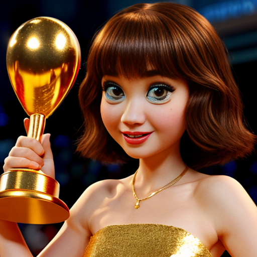 the emotion proud one person gold holding trophy Pixar cartoon style gold skin big eyes happy pretty  gold face