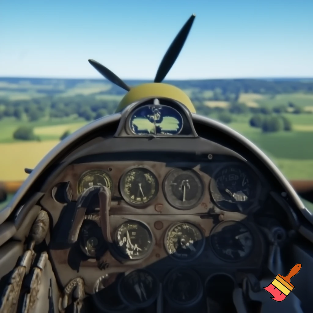 Messerschmitt instrument panel in front of a real messerschmitt bf 109 G6 with 3 propeller blads. Backround summer landscape somewhere europe during ww2