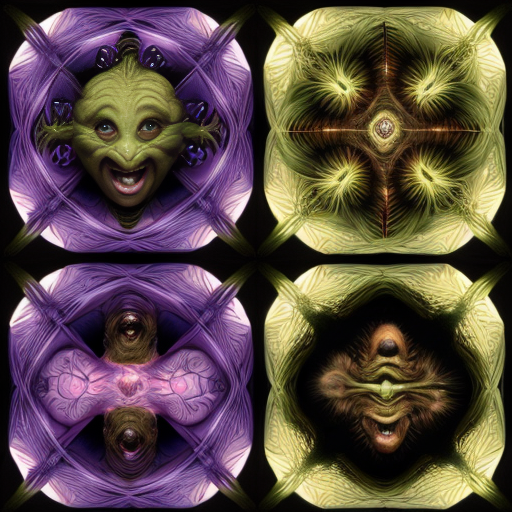 Irreal creaturas sub humana de fractales. 4 paneles. 1, 2, 3, 4. 1: criatura emerge de ti. 2: criatura se alimenta. 3: Blade. 4: la creatura eres tu. Esto en un estilo barroco, ultralimilal, aceituna y papa