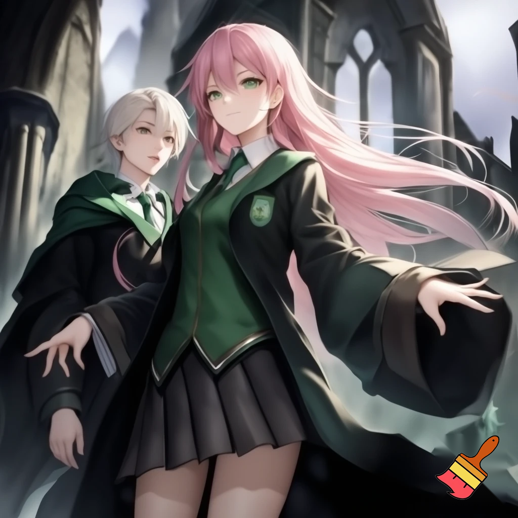 a anime girl, long pink hair, with a slytherin outfit. With Draco malfoy. Two people, hogwarts background. High quality and detail anime style 