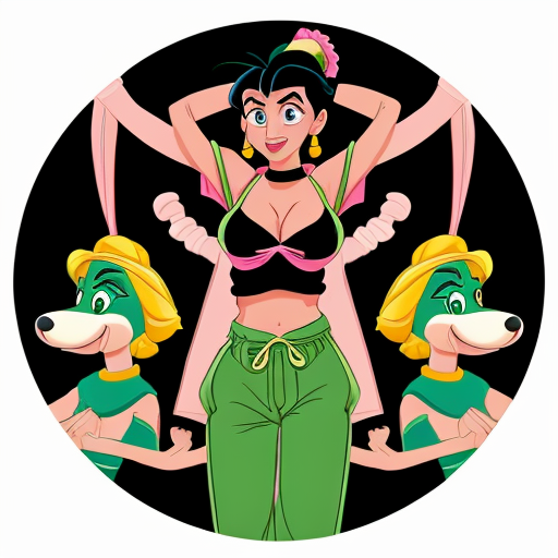 90's disney's 2d aladdin style image black background and of a three headed black haired ponytail woman with green skin,green harem pants pink bra and pink sash and pink curved slippers