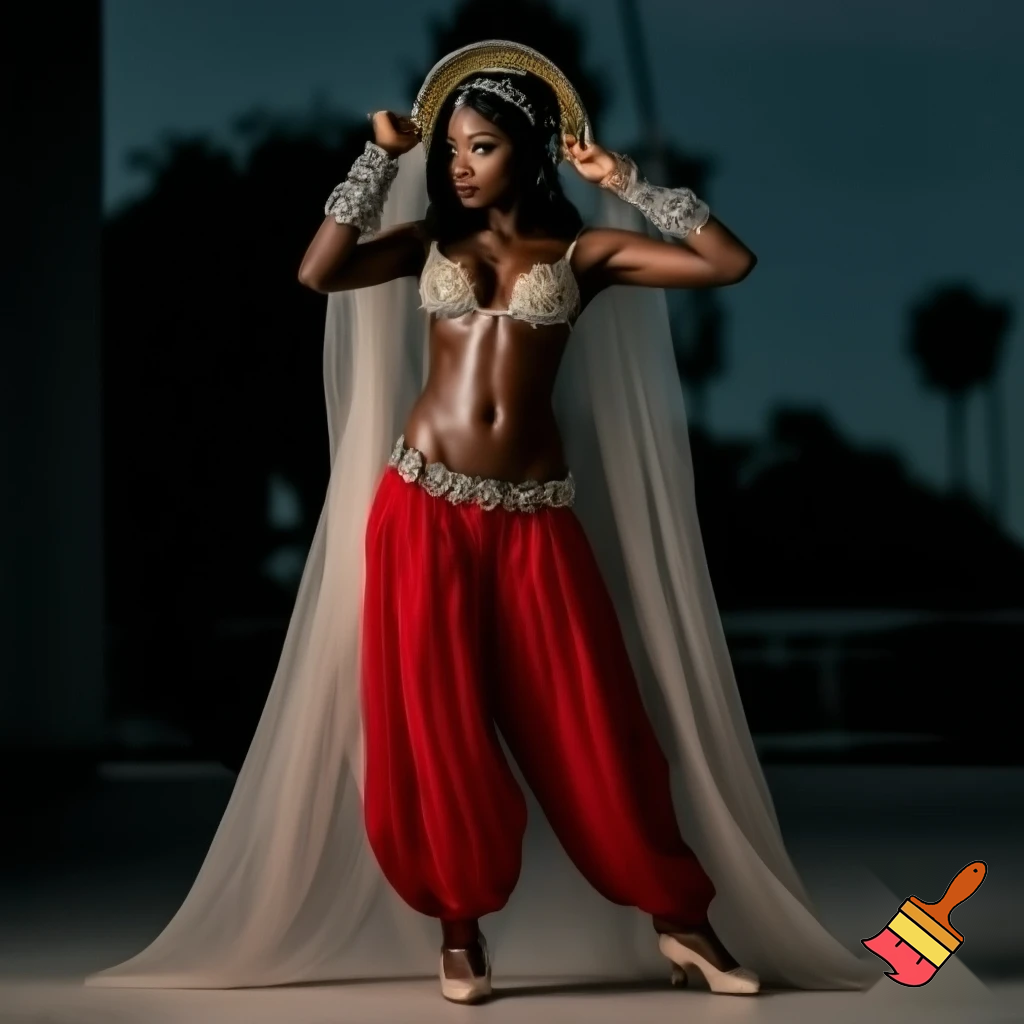 Attractive Moroccan woman with dark skin wearing a crescent moon headpiece, a veil, ornate cuffs, a bejeweled bra, a coin belt, harem pants and ballroom dance shoes in California 