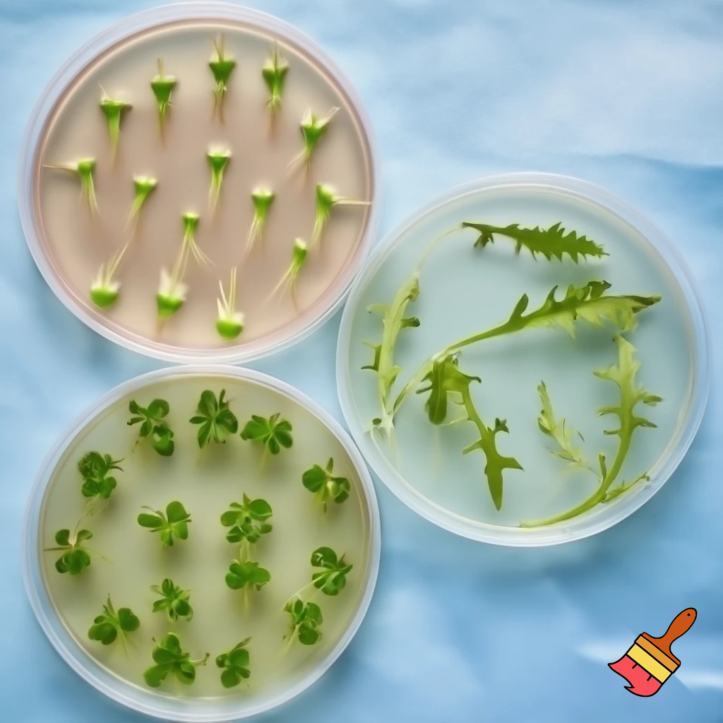 Three laboratory Petri dishes with agar as the medium, each containing 20 seedlings — pak choi in one, arugula in another, and coriander in the last one. All seedlings should be enclosed within the three closed dishes and measure about 2 cm in length, some slightly shorter and some slightly longer. Everything is set against a light sugar-paper blue background.