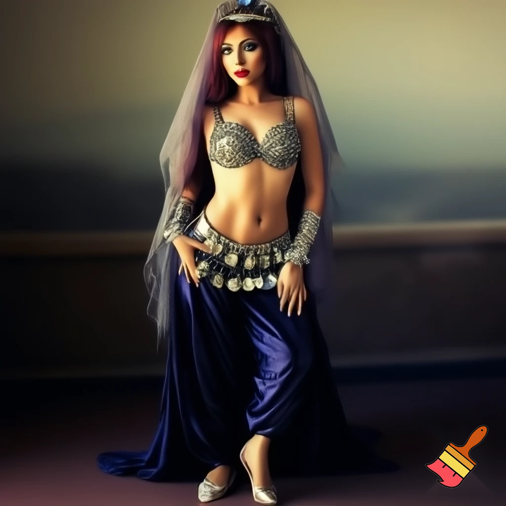 Attractive Moroccan woman wearing a headpiece, a veil, ornate cuffs, a bejeweled bra, a coin belt, harem pants and ballroom dance shoes in California 