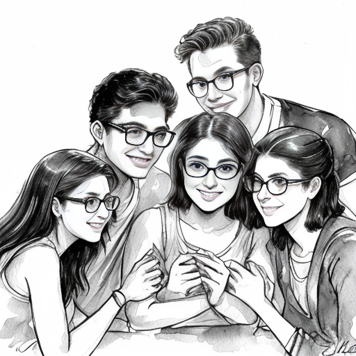 black and white manga style illustration, Indian Christian girl meeting 4–5 guy friends of her best friend for the first time, emotional and cute atmosphere, modern city setting, heroine looking at a tall boy with short straight hair and rectangle glasses, shy smile, expressive eyes, detailed ink line art, Japanese manga style, cinematic composition, manga panel layout, no color