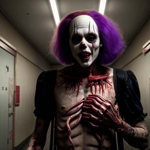 ​A​Photorealistic flash photography of a grimy, liminal hospital hallway. A group of creepy clowns with red, green, purple, straight, frizzy, trashyhair and stained, vintage striped outfits surround a towering, grotesque creature made of tangled intestines and dried maggots with a terrifying, gaping mouth. Eerie fluorescent lighting, dark surrealism, weirdcore aesthetic, macabre atmosphere