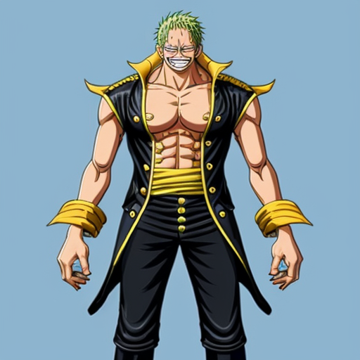 peux tu générer un personnage qui ressemblerait à Arlong de one piece. Il nporte un costume jaune abimé et à des ailerons de requins sur les bras.