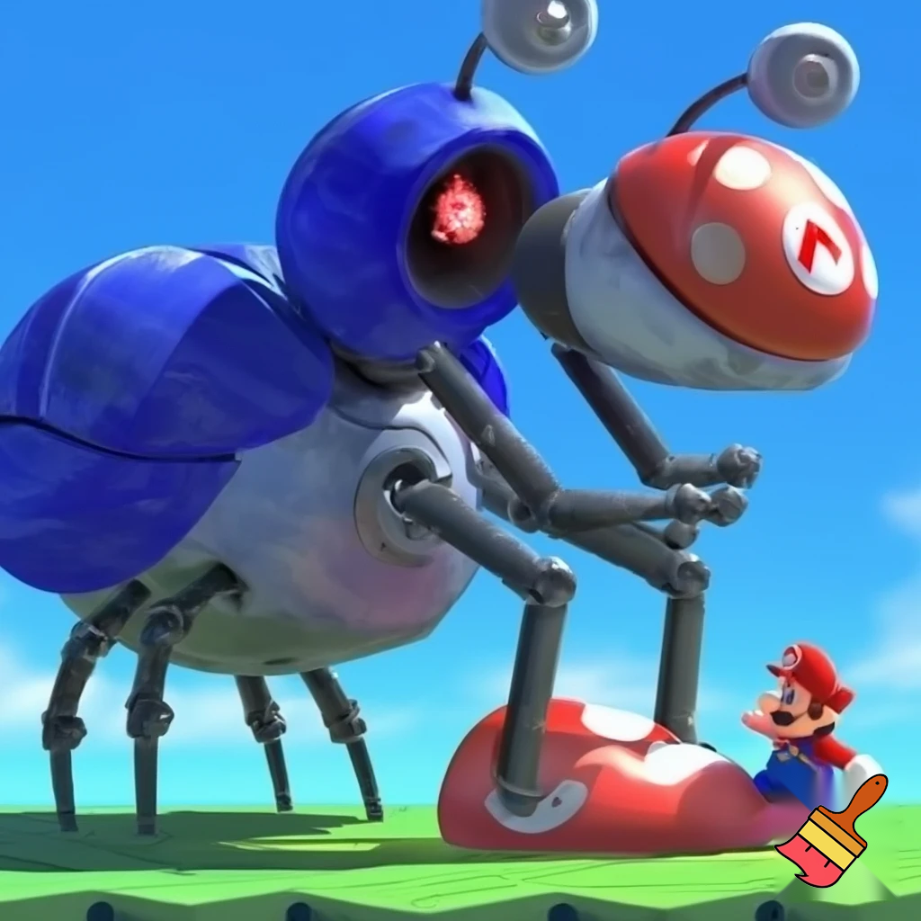 Mario sucking on a toe in a huge robot that is a bug