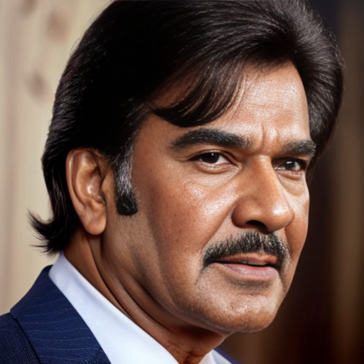 Please create a photo of a man in his 60s whose looks are similar but not identical to Rajesh Khanna (Bollywood star from the 70s) 