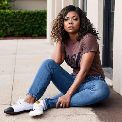 Taraji P. Henson long brown curly hair black t-shirt under t-shirt and blue jeans and black toes out shoes 

