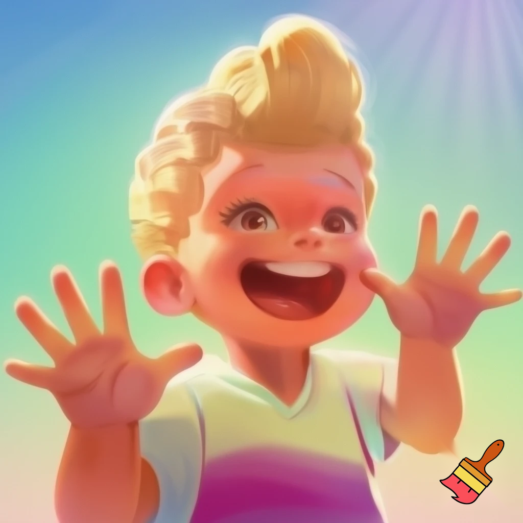 Kid with blond hair and ice cream hair cut moving hands up and down shouting 67