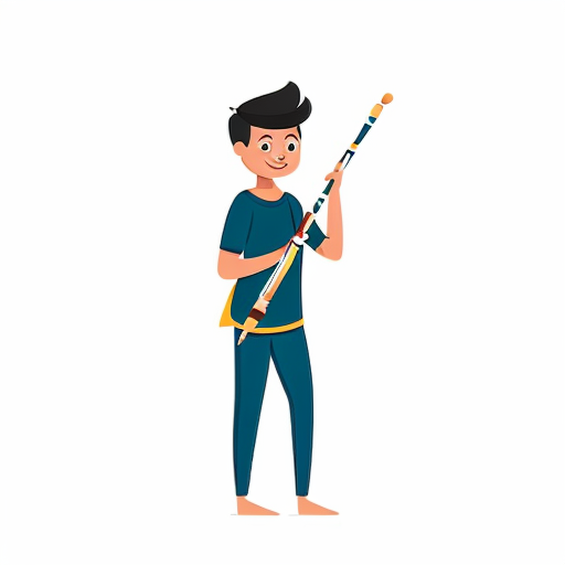 Krishna, a young boy, with his flute, standing happily with a bright smile.