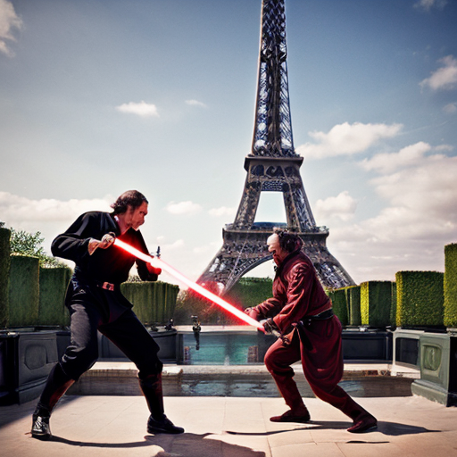 create an image of 2 french painters fighting with bagettes as if they were lightsabers outside of the eifell tower