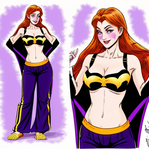 90's disney's 2d aladdin style comic black background and 3x3 panels of 
panel 1 orange haired batgirl with purple and yellow striped harem pants, purple bra and yellow curved slippers with both hand palms place together and hiding the bottom of her mouth with a purple and yellow striped veil wrapped around her arms and shoulders. 
panel 2 she danced with purple and yellow striped harem pants with purple bra and yellow curved slippers and with purple and yellow striped veil wrapped around her arms and shoulders and raising legs and bounced up and down her belly and shook her hips left and right. 
panel 3 as orange haired batgirl with purple and yellow striped harem pants, purple bra and yellow curved slippers and with purple and yellow striped veil wrapped around her shoulders and arms spreading her arms, happily revealing her face to the viewer and giving a smile as she turns around shook her hips left and right. 
Panel 4 as orange haired batgirl with purple and yellow striped harem pants, purple bra and yellow curved slippers and with purple and yellow striped veil wrapped around her shoulders and arms started to fade away , except her belly, which is bouncing around. 
Panel 5 then the ball transforms into the fading in belly of black haired zatanna with light purple and dark blue striped harem pants, light purple bra , dark blue curved slippers and with light purple and dark blue veil wrapped around her arms and shoulders with her swaying her hips. 
Panel 6 then black haired zatanna with light purple and dark blue striped harem pants and light purple bra and dark blue curved slippers and with a light purple and dark blue striped veil wrapped around her arms and shoulders and with her hand palms place together between her chest and gives a smile and winking her left eye.