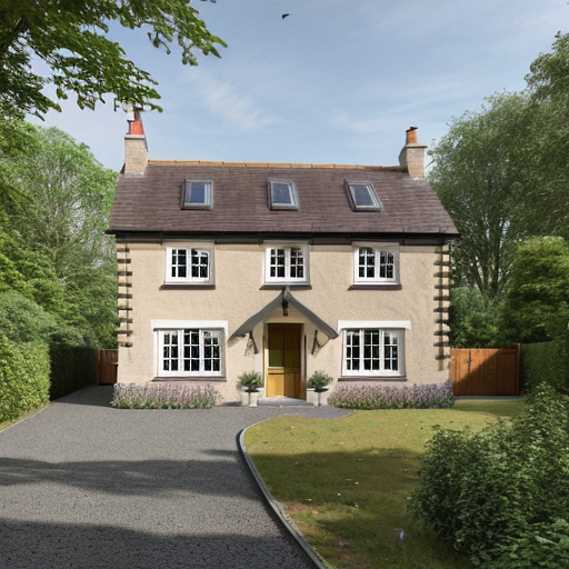 front elevation of a detached cottage in the woods
