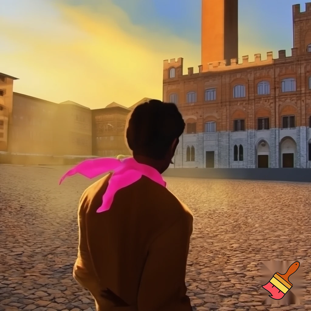 uomo con fazzoletto rosa al collo in piazza del campo a siena