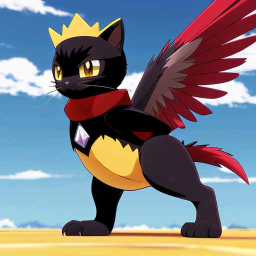 bipedal, black, cat/weasel-like Dark/Ice-type Pokémon characterized by its sharp claws, red feathery crests, and a yellow forehead gem. Standing 3'07" tall, it features a red collar-like crown, two tail feathers, and red, almond-shaped eyes with dark lashes. pokemon