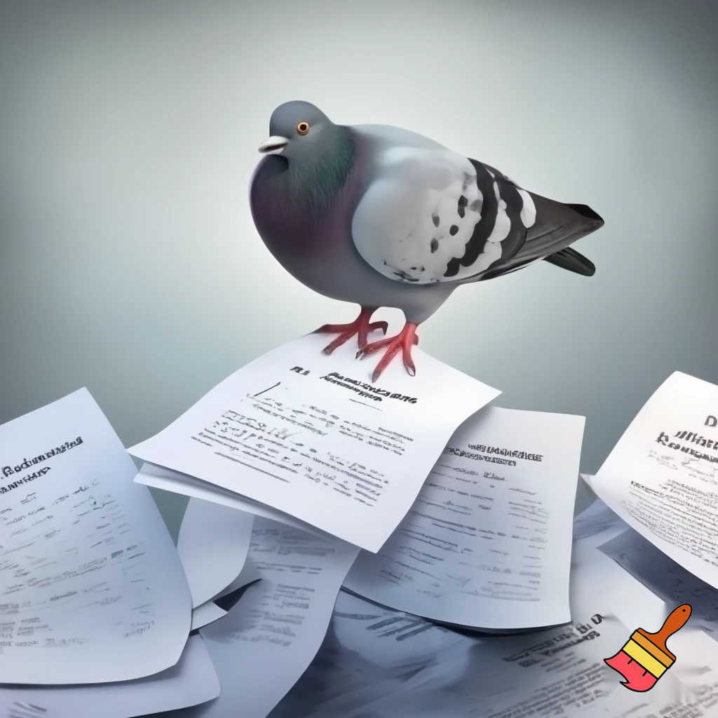 A pigeon on top of a pile of papers with the words "Income Tax" written on them