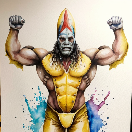 peux tu générer un homme requin humanoïde  qui porte un costume jaune abimé. Ses bras portent  des ailerons de requins. Il est musclé et à l'air méchant. Il porte un chapka russe sur la tête. 
Représente le de plein pied et insiste sur son côté requin terrifiant.