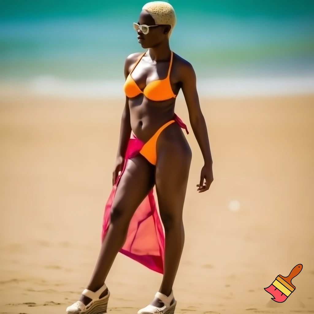 Sexy woman with a pearl blonde pixie cut wearing rimless sunglasses, a bikini, a sarong and espadrille wedges 