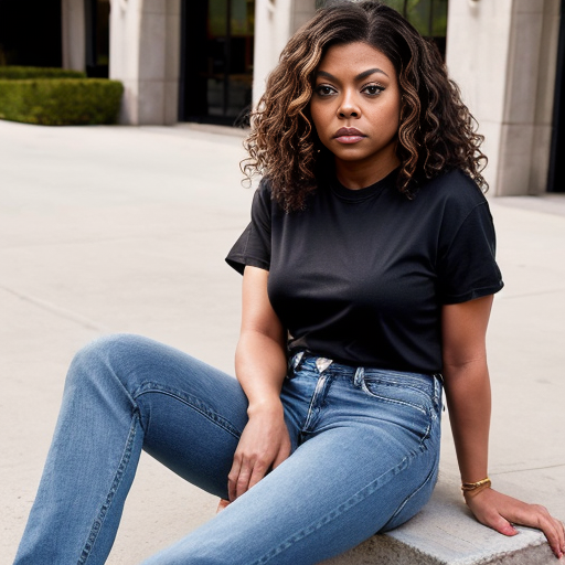 Taraji P. Henson long brown curly hair black t-shirt under t-shirt and blue jeans and black toes out shoes 
