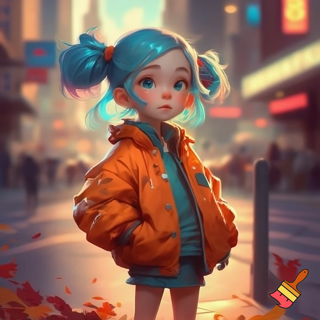 a girl with blue hair and a orenge jacket