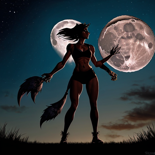 athletic female werewolf shifter. standing in front of the moon. dynamic pose. high quality. in the style of dungeons and dragons.