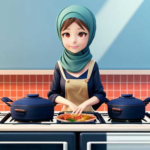 Pixar-style 3D cartoon character, standing at the stove, cooking gesture, exaggerated cartoon features, big expressive eyes, Muslim woman 35-40 years old, fully covered in wide light blue dress, loose modest clothing, headscarf covering all hair, no sexualized features, gray background, simple cartoon style