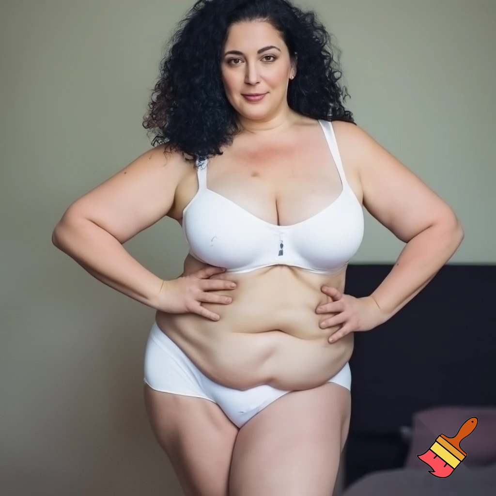 Middle aged  white brunette woman . She is standing . She is wearing white panties that say "I ❤️ My Sons".