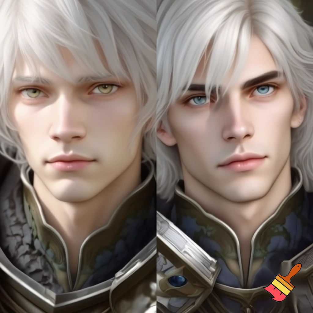 a fair faced man with angelic short white hair and blueish gold eyes. he is also a knight
