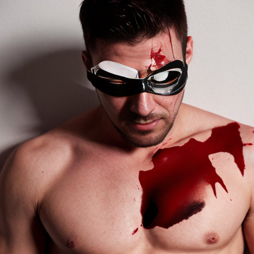 A shirtless man, face are hiding by shirt with cut on eye part, died, chest open wounded, blood everywhere, eye closed.