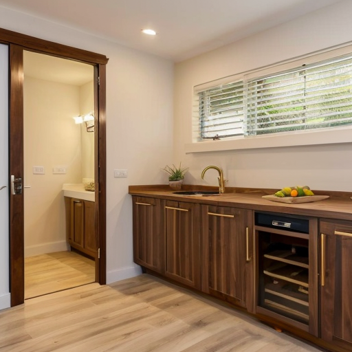 generate an interior picture of a room , not kitchen, with a 2.5-meter-long and 2.7-meter-high wall on the left, with 5 4-centimeter-wide pecan-colored boards on the left and right edges of the wall, and black wallpaper with gold-colored thin stripes in between. There is also a 60-centimeter-wide and 2-meter-high decorative panel with a floral pattern, and a 60-centimeter-wide and 2-meter-high mirror. the second wall begins with 50 cm of 4 cm wide pecked walnut-colored slats, followed by a 1.80 m long and 1.3 m high counter with a glass in the middle that is illuminated from the inside with yellow light, then 90 cm of slats that are pecked at regular intervals, and the wall ends with a door that matches the color of the counter. The third wall is covered with decorative plaster. Design this room in a modern and stylish manner.