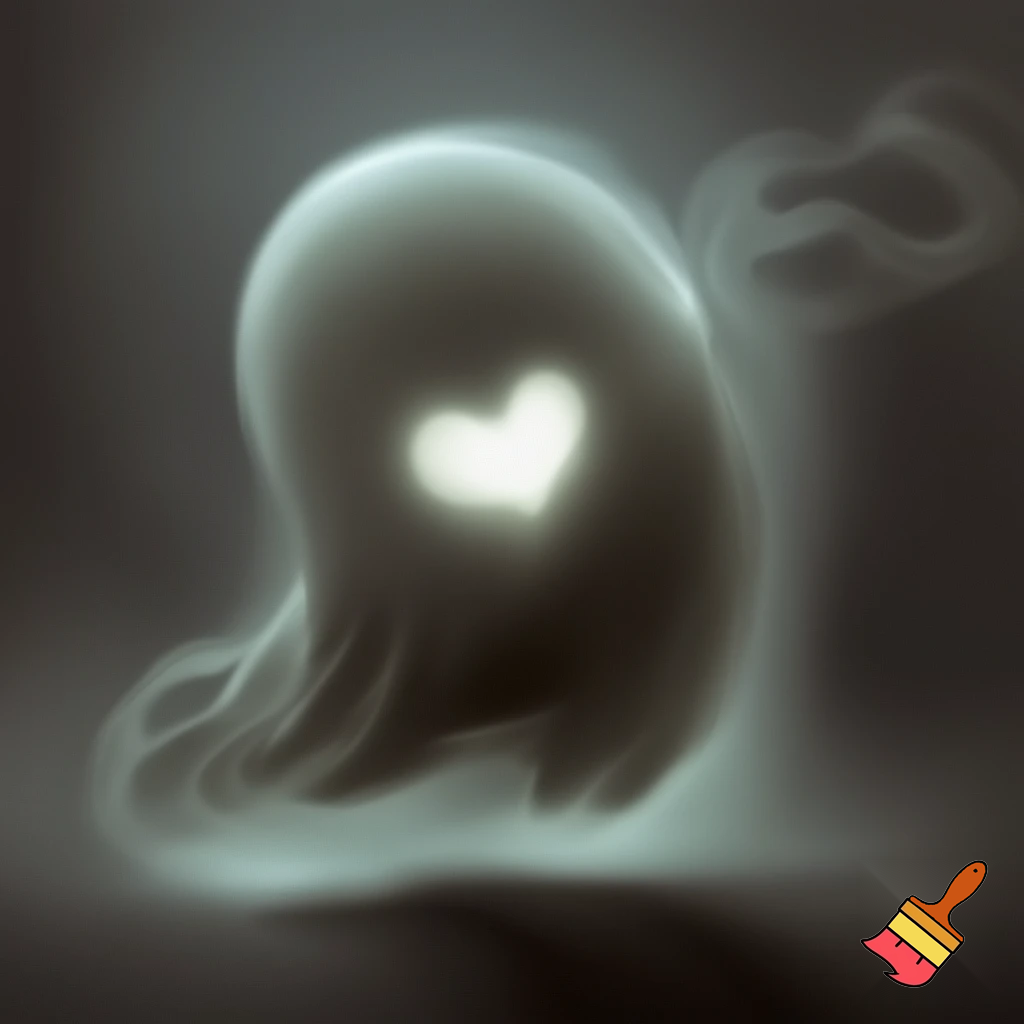 A ghost-like smoke creature made of shifting gray mist with a faint glowing heart at the center. His form is vague and semi-transparent, like a shadow trying to hold a shape. He floats instead of walking, with soft trails of vapor drifting behind. His appearance is quiet, fragile and mysterious, with a slightly anxious aura.