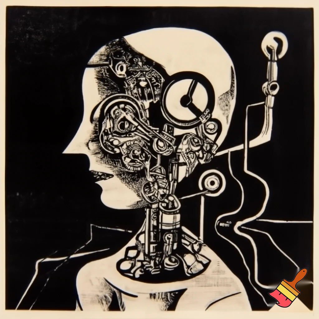 Bio-mechanical girl portrait, noise art. In the style of a 1920's German Expressionist woodcut print. Black & white.