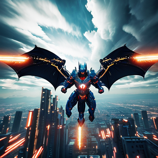 A dragon armored high-tech superhero flying in the sky with energy thrusters, mechanical dragon wings deployed, shooting energy beams from hands, futuristic city below, dramatic clouds, cinematic action shot, motion blur, ultra realistic, 8k, dynamic pose