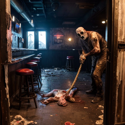 a dimly lit, smoke-choked dive bar plunged into chaos as rotting, Fulci-style zombies burst through the shattered front door and windows. Their decayed faces glisten with wet, stringy gore, eyeballs milky-white or dangling from sockets, as they lurch forward with grotesque hunger. A bartender’s head is halfway torn off, arterial spray arcing across the neon beer signs, while a patron screams mid-bite, intestines spilling from a zombie’s fist like wet rope. Glass shards and broken stools litter the sticky floor, now slick with blood and spilled liquor. One zombie’s jaw hangs by a tendon, its teeth buried in a biker’s neck as he futilely tries to shove it off, his fingers sinking into its putrid flesh. The lighting—sickly green and flickering—casts everything in a nightmarish glow, amplifying the visceral horror of entrails, shattered teeth, and the gleam of exposed bone