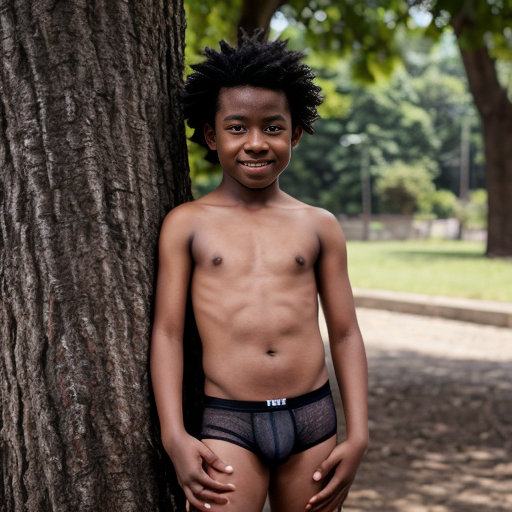 A visibly embarrassed ten year old boy poses outdoors in front of a tree in his briefs. He is black. He is chubby.