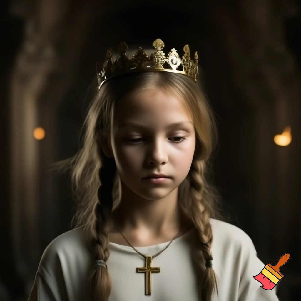 A 13 yr old girl with a cross and a crown
