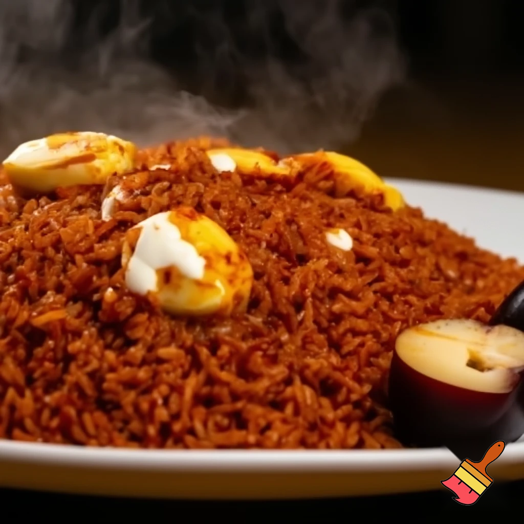 heaping plate of jollof rice sat steaming, its grains soaked in deep red pepper sauce and glistening with oil. Sliced boiled eggs were tucked into the rice, their pale centers soaking up the heat, while streaks of mayonnaise melted softly into the warmth, turning creamy and sharp at the same time. The pepper hit first—bold, smoky, and fiery—followed by the rich tomato base and the comforting heaviness of the rice. Every bite felt loud and confident, the kind of food that doesn’t apologize for its strength.

Beside it, an African plum lay dark and glossy, split open and stubbornly bitter, a strange companion to the richness of the jollof. The mother ate slowly, her face twisted with open disgust. She chewed as if offended by every mouthful, lips pressed tight, eyes narrowed, as though the flavors had personally wronged her. She pushed the food around the plate, sighing between bites, eating not for pleasure but out of duty, clearly unimpressed by the fiery rice and its creamy, peppery chaos.