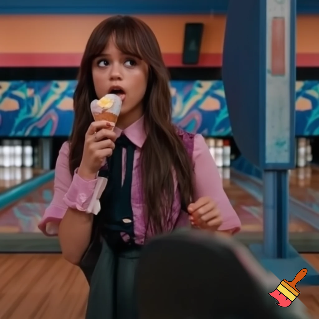 Jenna Ortega eating ice cream at a bowling place 