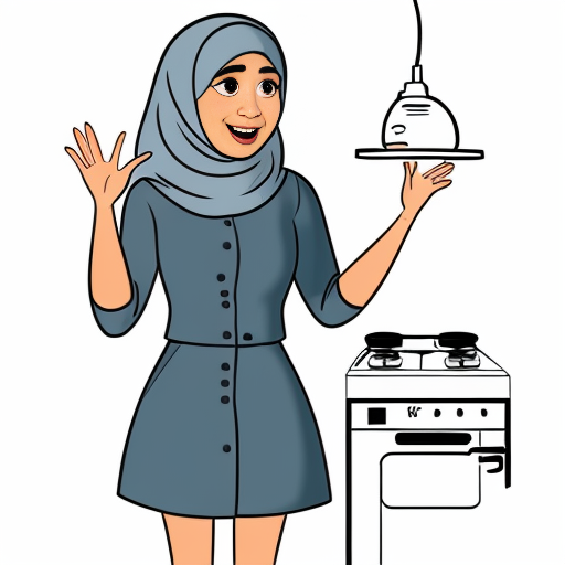 Pixar-style 3D cartoon character, standing at the stove, cooking gesture, exaggerated cartoon features, big expressive eyes, Muslim woman 35-40 years old, fully covered in wide light blue dress, loose modest clothing, headscarf covering all hair, no sexualized features, gray background, simple cartoon style