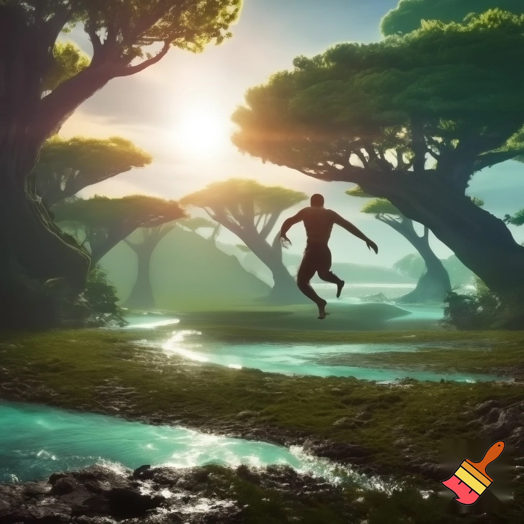 First glimpse of alien paradise — huge engineered trees humming, shimmering transparent rivers, empty paradise with no fauna, human-like figure rising above ground mid-leap (unexpected anti-gravity), dynamic motion blur, sunlight flares, cinematic wide shot, vivid greens and turquoise, high detail.

Settings / Steps:

Aspect ratio 16:9.

levitating naked male muscular humanoid figuire like god in sky

Lighting: intense backlight with rim highlights on foliage.

Keep environment lush but eerily empty.


Negative prompt: crowded scene, animals, text, low detail, childish style

Variations: quiet close-up on hand touching tree that hums, leaf-scale macro.
