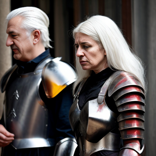 tall white-haired woman in armor is sad because a Turkish man stole her knife
