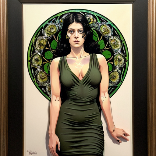 40 year old attractive olive skinned woman with the legs of a deer with hooves instead of human legs, yellow eye color with horizontal rectangular pupils,black mascara, green slightly sheer dress, forest setting mucha art style