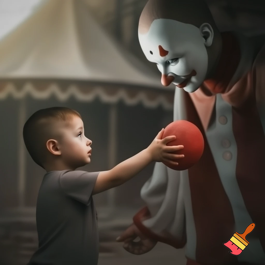 A child reaches out to give the sad circus clown his ball.