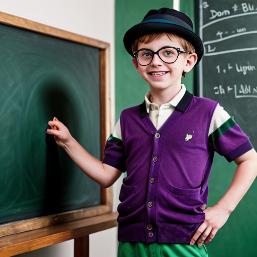A scene from a 1980's animated Don Bluth movie of a little boy with pale skin, green eyes, freckles, short black combed-back hair, wearing a plum purple trilby hat with a green band, big round black glasses, a white short-sleeved polo shirt with a plum purple cardigan sweater over it, a green bowtie, darker plum purple shorts, white & green striped socks, and darker plum purple oxford shoes, holding a piece of chalk in his hand, and standing in front of a chalkboard with a ton of equations written on it, with a smug smile on his face.